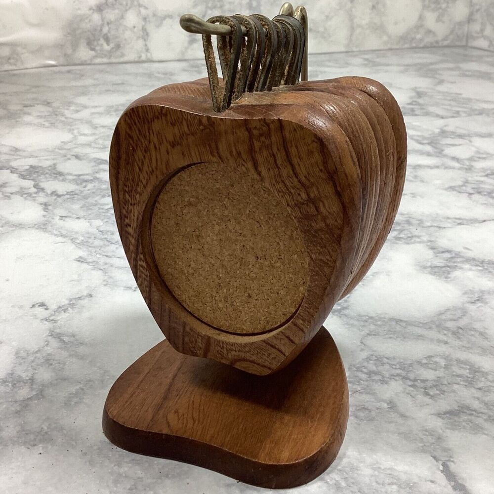 Vintage Wood Apple Coasters Set of 8 with Holder Stand